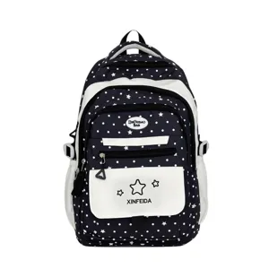 Dunkelblauer Schulrucksack mit Pünktchen und weißen Kontrasteinsätzen, lässiger Freizeitrucksack