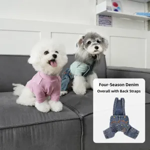 Set vestiti carini per cani, comoda maglietta cotone e salopette denim per piccoli animali.
