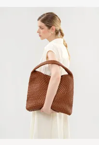 Brown woven leather shoulder bag, stylish large capacity tote handbag for daily fashion use.