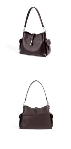 Bolso de hombro de cuero genuino para mujer gran capacidad bolso cubo detalles vista