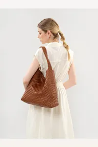 Brown woven shoulder bag large capacity hobo tote bag casual handbag for women daily travel