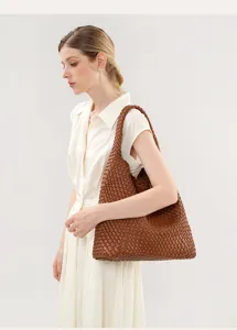 Brown woven shoulder bag for women, stylish hobo tote bag, elegant daily handbag accessory.