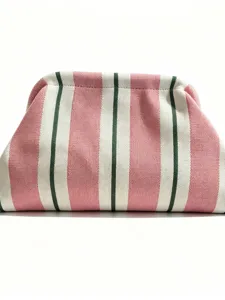 Knit striped clutch bag for women, stylish pink and green cosmetic storage pouch.