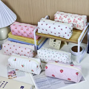 Large Capacity Cosmetic Bag Fabric Bow Print Storage Pouch Minimalist Daily Makeup Organizer Pencil Case