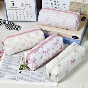 Quilted bow print pencil case, large capacity canvas cosmetic makeup storage bag.
