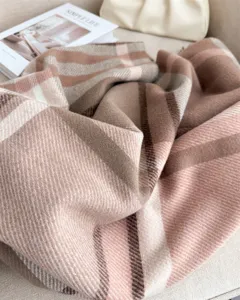 Cozy pink and brown plaid imitation cashmere scarf for women winter warm retro shawl wrap.
