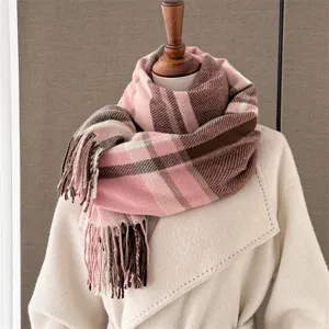Pink brown plaid tassel cashmere feel winter warm cozy scarf fashion women casual shawl