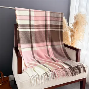 Retro plaid imitation cashmere shawl winter warm cozy fringe scarf for women daily wear