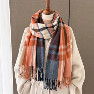 Vintage Plaid Tassel Scarf Warm Winter Cashmere Feel Shawl Soft Lightweight Fashion Long Neck Scarf For Women