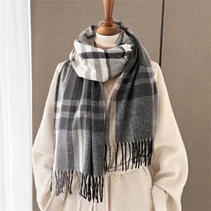 Classic plaid scarf for women winter warm cashmere feel fringe tassel stylish winter neck wrap