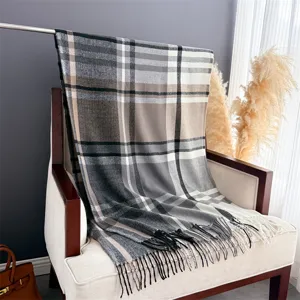 Classic vintage plaid faux cashmere scarf with elegant fringe detail, warm and stylish winter accessory.