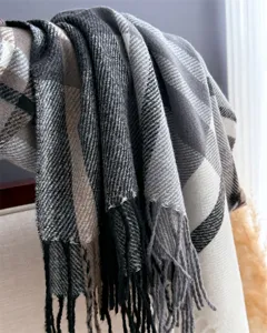 Cozy vintage plaid imitation cashmere scarf with tassels, perfect autumn winter fashion accessory.