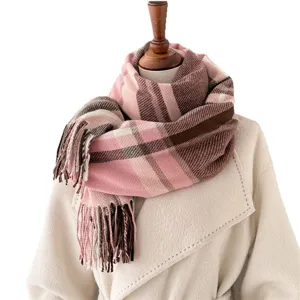 Pink plaid cashmere-feel winter scarf with tassels, warm and stylish neck wrap for women.