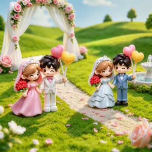 Wedding couple figurines detail view, cute resin dolls for micro landscape and DIY crafts.