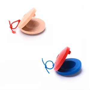 Wooden kids castanets Orff percussion instrument toy with colorful safety ropes detail.