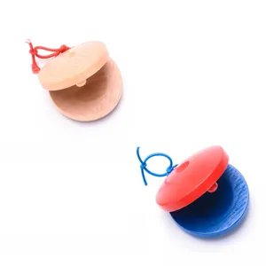 Wooden castanet percussion for kids music education with colorful string and smooth surface design.
