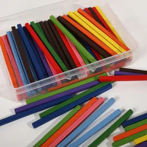 Colorful wooden counting rods set detail, math learning sticks in a clear plastic storage box.
