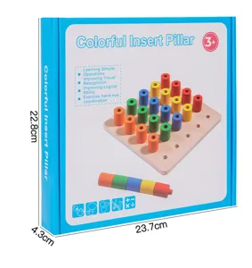 Wooden educational peg board toy for kids early learning, colorful insert pillar set.