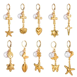 Stainless Steel Starfish Heart Pearl Cross Huggie Hoop Earrings Gold Plated Fashion Jewelry For Women Vacation Daily