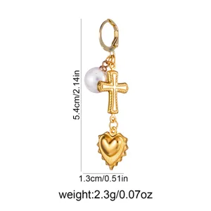 Gold stainless steel cross pearl heart charm earring detail dimensions and weight specs photo