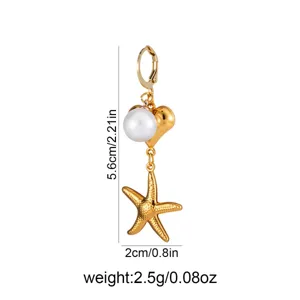 Stainless steel starfish heart pearl earring detail with height 5.6cm and weight 2.5g.