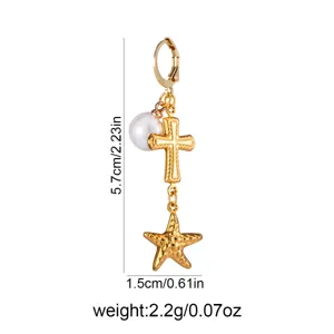 Gold stainless steel dangling pearl cross starfish leverback earrings with size specs