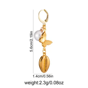 Gold dangle earring detail showing pearl, butterfly, and shell charms with exact size specs.