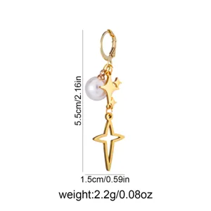 Stainless steel pearl star drop earrings vintage resort style fashion jewelry detail shot