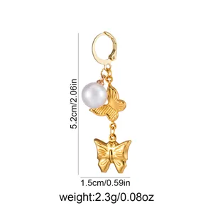 Golden double butterfly pearl earrings with stainless steel leverback hook, elegant style.