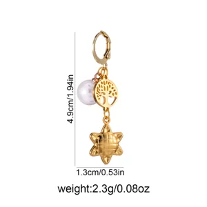 Detail view of gold stainless steel pearl and tree of life star charm earring showing size.