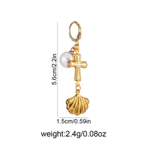 Gold stainless steel cross pearl shell dangle earrings fashion jewelry specification size 5.6cm