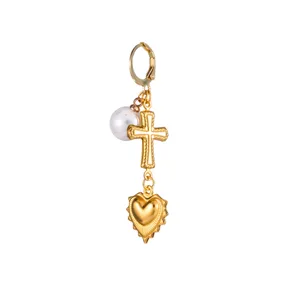Vintage gold stainless steel earrings with pearl cross and heart pendant for women fashion.