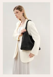 Black woven shoulder bag for women, stylish large capacity tote handbag for daily casual use.