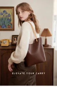 Vintage brown leather shoulder tote bag for women, elegant casual daily commuter handbag.