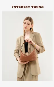 Women's genuine leather woven shoulder bag, stylish casual underarm handbag for daily wear.