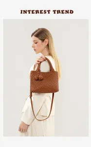 Handwoven leather shoulder bag with knot handle chic casual brown tote handbag for women