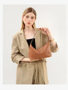 Women brown woven leather underarm shoulder bag, elegant handmade genuine cowhide tote purse.