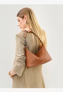 Woven leather shoulder bag for women stylish hobo underarm handbag elegant casual purse