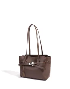 Bolso tote de cuero marrón para mujer, gran capacidad bolso de hombro de trabajo con cierre metálico.