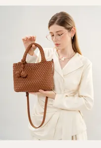 Stylish brown woven leather handbag for women, chic crossbody tote bag for daily commute.