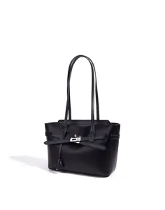 Bolso shopper de hombro para mujer en cuero negro con cierre metálico y correas.
