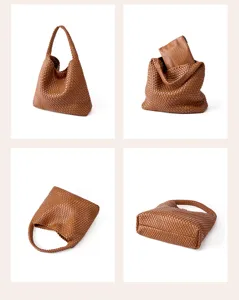 Brown woven leather hobo tote bag, large capacity casual shoulder bag for women detail views.