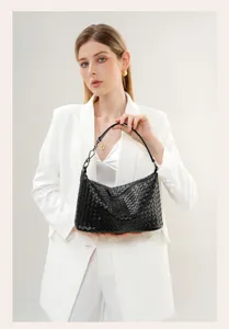 Women black woven leather shoulder bag chic underarm hobo handbag for daily fashion wear.