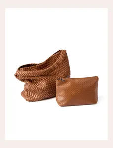 Brown woven leather tote bag and small pouch detail showing intricate braided craftsmanship.