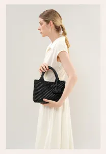 Classic black woven leather handbag chic casual tote bag for women commuting daily stylish purse