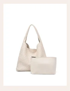 Woven leather hobo shoulder bag casual large capacity tote with clutch pouch for women