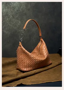 Brown woven leather shoulder bag chic underarm handbag stylish vintage designer style hobo purse