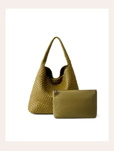 Woven hobo shoulder bag and matching pouch set, chic casual large capacity design.