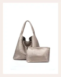 Woven metallic hobo tote bag and matching pouch, stylish large capacity casual shoulder bag.