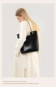 Classic black leather tote bag for women, large capacity stylish casual shoulder bag.